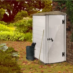 Online HABRITA Abri de jardin mural latéral réversible en résine beige Foresta Evo - 88 x 132 x 195 cm