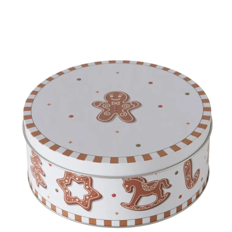 BOLTZE Boîte de stockage blanche à motif biscuits de Noël en métal Ginger - Ø 16 x H 7 cm