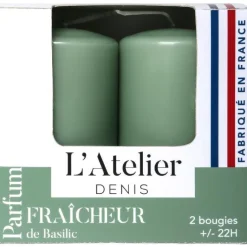 New L'ATELIER DENIS Bougies cylindriques vert parfum fraîcheur basilic L’Atelier de Denis - L’étui de 2
