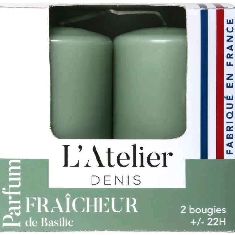 New L'ATELIER DENIS Bougies cylindriques vert parfum fraîcheur basilic L’Atelier de Denis - L’étui de 2