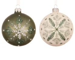 Clearance KAEMINGK Boule en verre finition mate wool white et rosemary green avec flocon de neige - Ø 8 cm