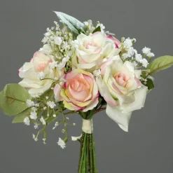 Bouquet de fleurs artificielles roses et gypsophiles coloris rose et crème - 20 cm