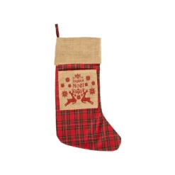 Outlet Chaussette de Noël à suspendre en jute décor rennes rouge et beige - 20 x 52 cm