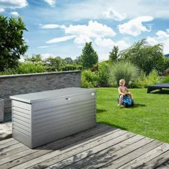 Best BIOHORT Coffre de jardin 160 en acier galvanisé coloris argent métallisé - 160 x 79 x 83 cm