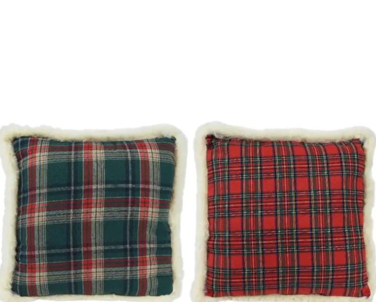 Hot KAEMINGK Coussin à carreaux rouges et verts en polyester avec bordures fourrure écrue - 45 x 45 x 2,5 cm