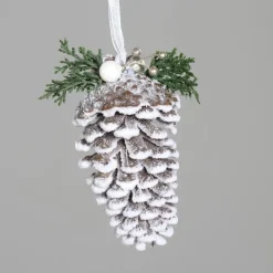 New Décoration à suspendre pomme de pin enneigée blanche - 16 cm