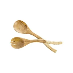 Clearance Ensemble de 2 couverts en bois de manguier décor moucheté crème et or - 26 x 6 x 1,2 cm