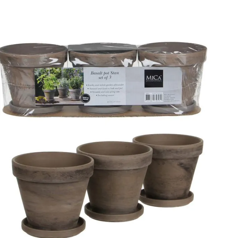 Discount EDELMAN Ensemble de 3 pots en terre cuite gris basalt avec soucoupe Stan - Ø 13,5 x H 12 cm