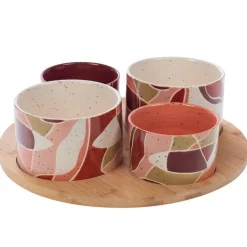 Clearance CADES DESIGN Ensemble plateau en bois et 4 bols en grès coloré Elena - Ø 30 cm