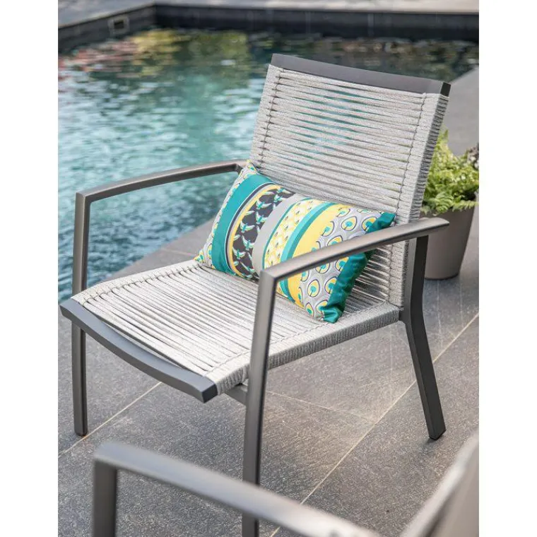 Fauteuil de jardin en aluminium et corde coloris gris charbon Taro - 69 x 70 x 82 cm