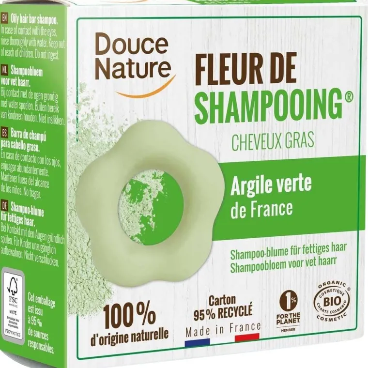 Sale DOUCE NATURE Fleur de shampoing cheveux gras bio. Le sachet de 85 g