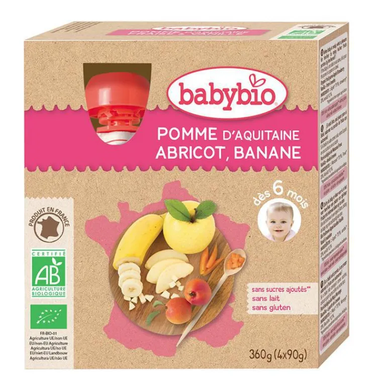 BABYBIO Gourdes Pomme Abricot Banane bio dès 6 mois - 4x90 gr