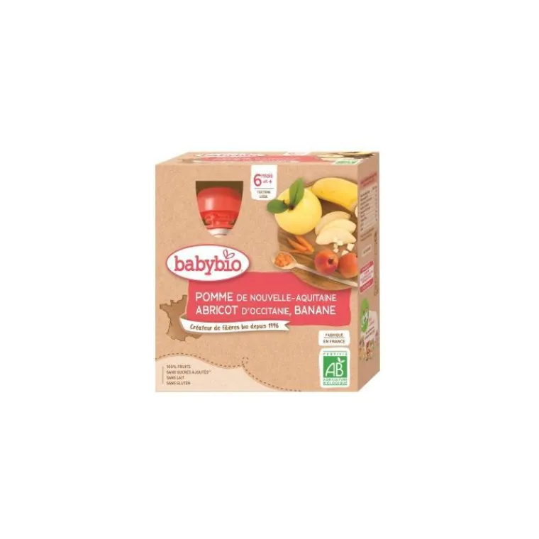 BABYBIO Gourdes Pomme Abricot Banane bio dès 6 mois - 4x90 gr