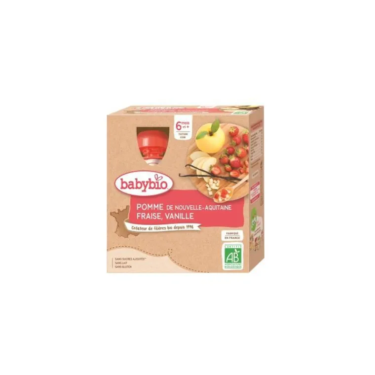 Best BABYBIO Gourdes Pomme Fraise Vanille bio dès 6 mois - 4 x 90 gr