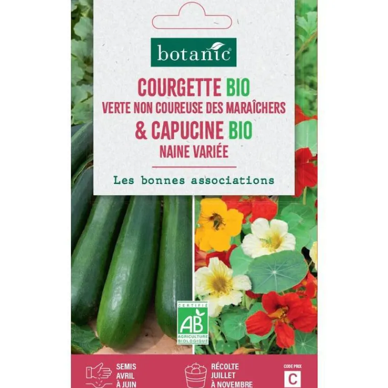 BOTANIC® Graines de courgette verte non coureuse maraichers bio et de capucine naine bio - graines à semer