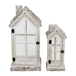 Discount Lanterne en bois de sapin forme maison blanche avec verre petit modèle - 18 x 15 x 42 cm