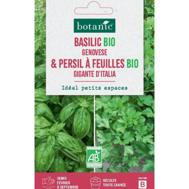 BOTANIC® Mélange de graines basilic genovese bio et de persil feuilles gigante d'Italie bio - graines à semer