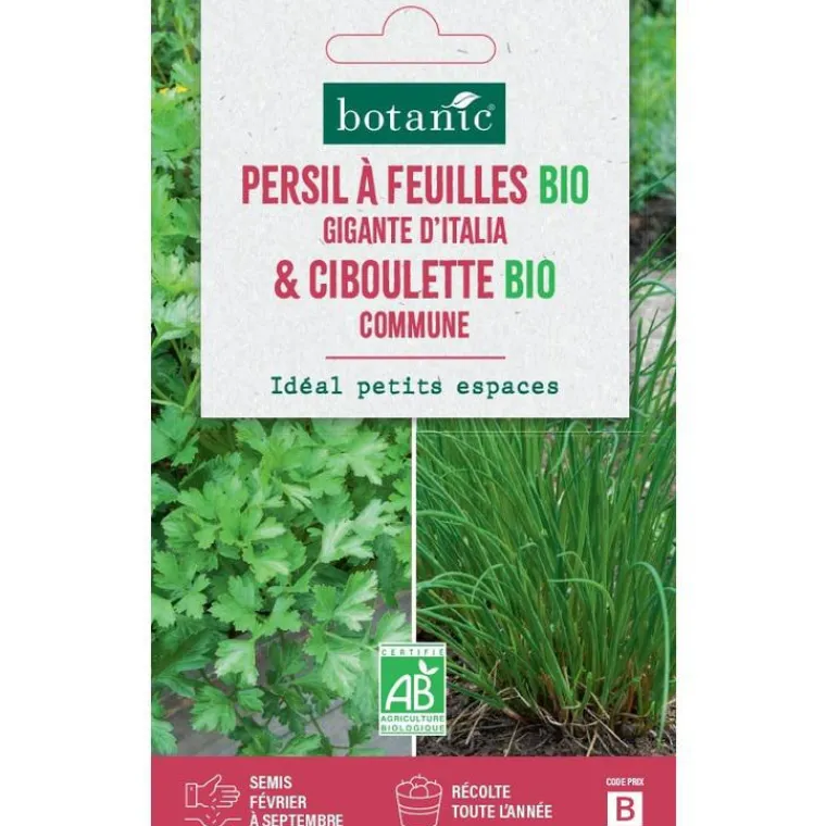 Clearance BOTANIC® Mélange de graines persil à feuille gigante italia bio et de ciboulette commune bio - graines à semer