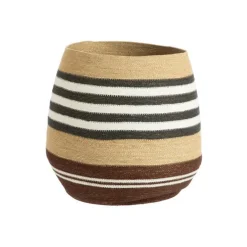 Outlet Panière ovale rayée en osier marron, blanc et bleu - 46 x 46 x 44 cm