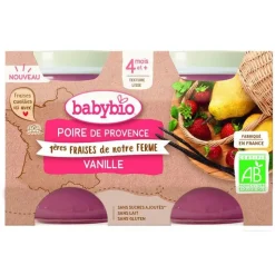Outlet BABYBIO Petits pots pour bébé dès 4 mois poire fraise vanille – 2 x 130 g