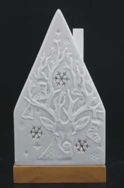 Online Photophore forme maison en céramique blanche décor cerf taille M - Ø 7,7 x H 14,5 cm