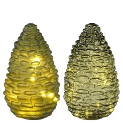 New EDELMAN Photophore vert forme pomme de pin en verre avec 15 LED et minuteur - Ø 15 x H 25 cm