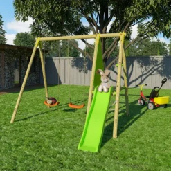 Clearance ALÉO BY TRIGANO Portique 2 balançoires 1 toboggan en bois Trigano - 2,30 m