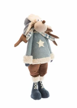 Sale Renne debout en tissu avec pull bleu à étoile - 28 x 21 x 66 cm