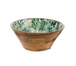 Discount Saladier rond décoré feuilles coloris bleu en manguier émaillé - 30 x 30 x 13 cm
