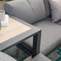 New Salon de jardin en aluminium graphite Cinto III - 6 éléments (deux banquettes, deux bancs, table d'angle et table haute carrée)