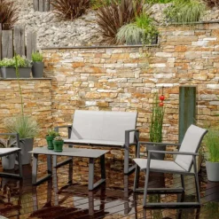 Sale Salon de jardin en aluminium graphite et toile textylène gris perle Alysse - 4 éléments (canapé, table basse et deux fauteuils)