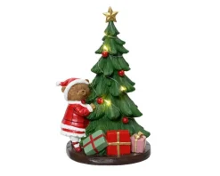 New KAEMINGK Sapin vert animé avec cadeaux en résine à LED blanc chaud - 17,5 x 14,5 x 27,5 cm