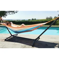 Outlet JOBEK Set support et hamac MetaliK coloris orange bleu en métal et polypropylène Hamacs - 300 x 100 x 95 cm