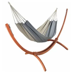 Clearance JOBEK Set support et hamac Weekend coloris anthracite taupe en bois et polypropylène Hamacs - 350 x 125 x 136,5 cm