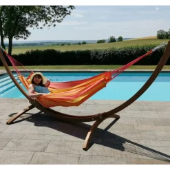Discount JOBEK Set support et hamac Weekend coloris orange Sunny en bois et polypropylène Hamacs - 350 x 125 x 136,5 cm