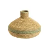 Vase boule en osier tressé naturel avec bande verte pour fleurs séchées - Ø 25 x H 19 cm