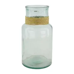 Outlet Vase en verre recyclé vert transparent et raphia - Ø 15 x 28 cm