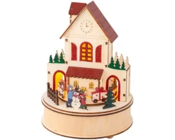 Online KAEMINGK Village animé rond en contreplaqué avec école et train lumineux 3 LED blanc chaud - Ø 15 x H 20,3 cm