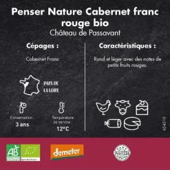 Clearance CHÂTEAU PASSAVANT Vin de France Cabernet rouge bio sans sulfites Penser Nature - 75 cl
